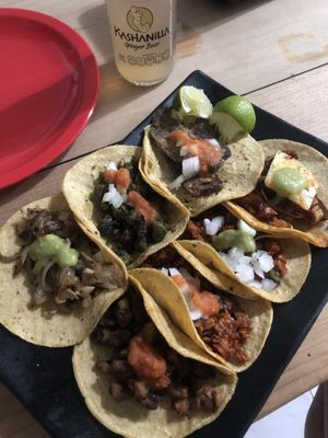 Tacos for 25pesos each, salsa and onions and lime to take on your own.  at El Bajón Vegano in Tulum