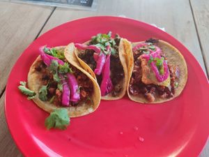 Pastor, green chorizo, chicharron at El Bajón Vegano in Tulum