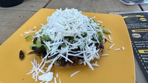 Tostada with green “chorizo"  at El Bajón Vegano in Tulum