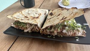 Tlayuda (yum)  at El Bajón Vegano in Tulum