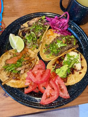 So yummy and flavorful! I forget which taco is which but bistec is to the far left! Our server, Gabriella recommended ordering tomato to add to all of the tacos, & she was RIGHT at El Bajón Vegano in Tulum