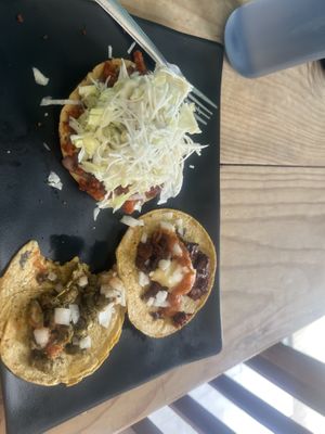 Tostada and street tacos. (I was so excited I forgot the photo until after my first bite)  at El Bajón Vegano in Tulum