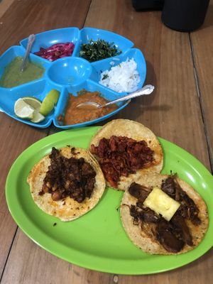 Chorizo rojo, yaquita pibil, and the pastor at El Bajón Vegano in Tulum