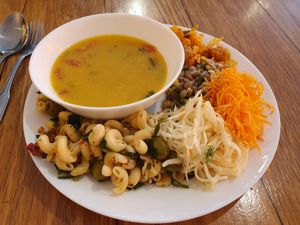 I had some kind of Indian soup with lots of veggies, lentils, goulash and noodles. at Hermitage in Stockholm