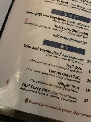 Tofu menu  at Saigon Thai in Moncton