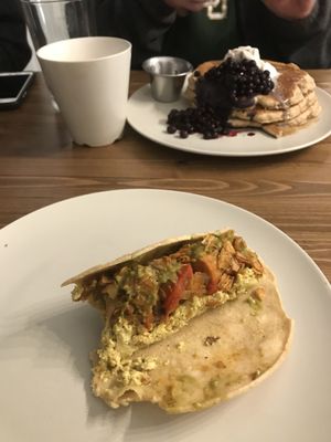The tofu scramble taco with coconut bacon and sweet potato hash and a house made corn tortilla at Harvest on 25th in Waco