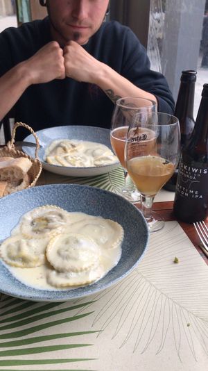 Panzerotti pasta with plant based gorgonzola sauce at Grop in Lescala
