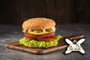 Cheeseburger top sale, with chickpeas cutlet, tomatoes and coconut cheese. at Pan Vegan in Kyiv
