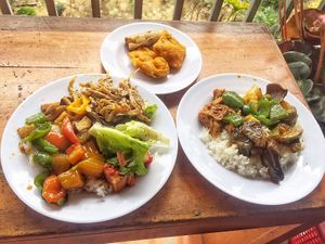 A reg. rice w/food and a larger plate and some side dishes, all for 48k at Sương Mai in Da Lat