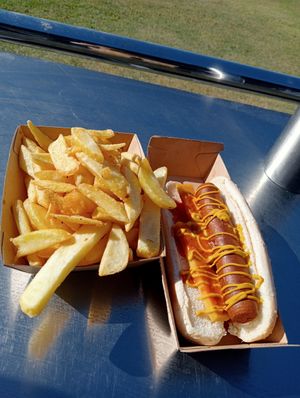 Vegan hot dog with a side serving of chips at Smelly Cheese Shop in Pokolbin