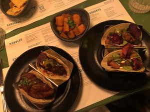 Plantain tacos, veg tacos and sweet potato! All delicious:)) at Wahaca in Brighton