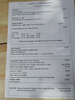 Menu at Coffee Bothy in Golspie