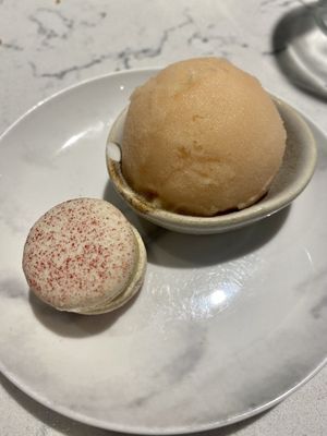 Macaron with blood orange sorbet  at Rozey in Rotterdam