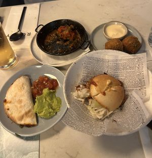 From top left to bottom right: melanzane (not vegan!), seaweed “bitterballen”, quesadilla, pulled jackfruit burger    at Rozey in Rotterdam