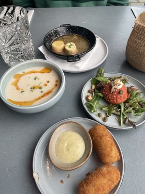 Cauliflower soup, coquilles, steak tartaar, cheese croquettes   at Rozey in Rotterdam