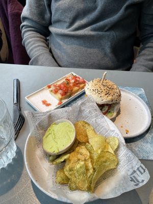 Bruschetta, Rozey miniburger and salty crisps with guacamole   at Rozey in Rotterdam
