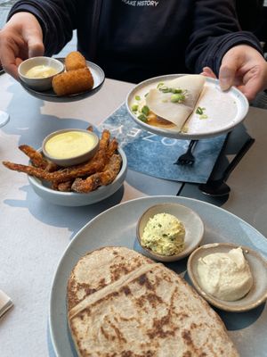 Cheese croquettes, oyster mushroom pancake and flatbread  at Rozey in Rotterdam