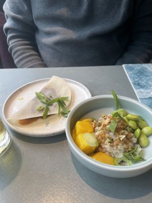 Oyster mushroom pancake and sushi bowl  at Rozey in Rotterdam