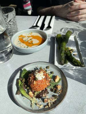 Cauliflower soup, green asparagus, steak tartare   at Rozey in Rotterdam
