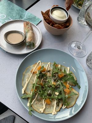 Celeriac carpaccio and spring roll and sweet potatoe fries  at Rozey in Rotterdam