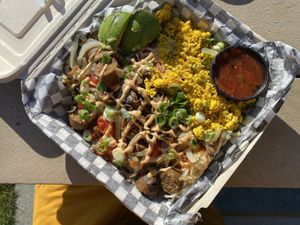 Vegan skillet with bratwurst  at Ideal Cafe in Campbell River