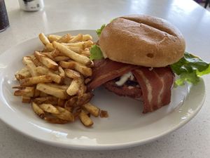 Vegan bac’n cheeze burger  at Ideal Cafe in Campbell River