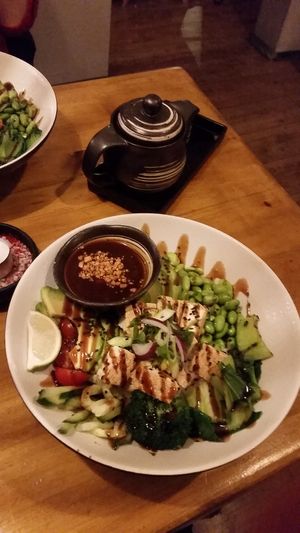 Vegan rice bowl with tofu. So tasty! White Mango Tea also lovely.  at BANÔI in Freiburg