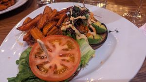 Avocado burger with sweet potato fries (be sure to order fries without honey) at The Gate House in Rochester