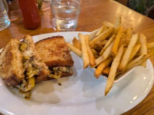 Vegan panino and garlic rosemary fries. A little blurry, sorry :( at The Gate House in Rochester