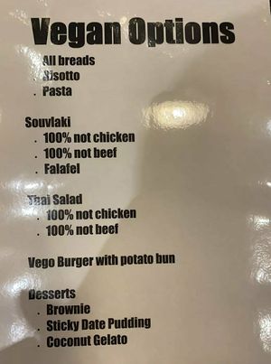 Current vegan menu options at Old Boundary Hotel in Bendigo