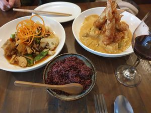 Sweet and Sour and Choo Chee Curry with Black rice at Lotus Thai in Launceston