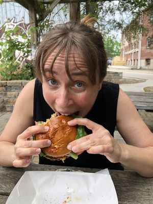 My first bite of Impossible Burger at the Bloomingfoods Burger Shack! at Bloomingfoods Market and Deli - West Side in Bloomington