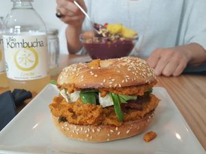 Vegan hummus, tofu and sun dried tomato bagel at Caledonia Coffee in Salamanca