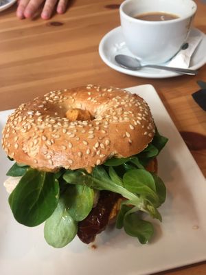 Vegan Bagel with Hummus, Tofu, dried Tomatoes  at Caledonia Coffee in Salamanca