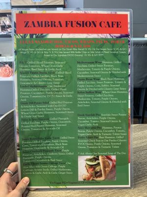 Vegan menu front at Zambra Fusion Cafe in Corpus Christi