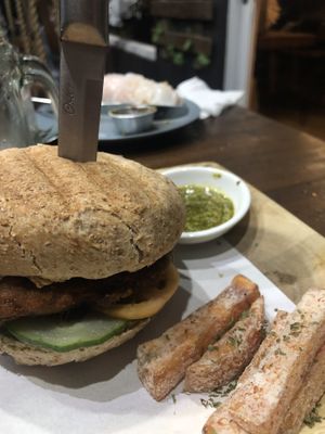 Vegan burger with homemade bread  at Full Lotus in Coron
