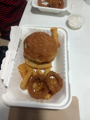 Kids Burger with fries and onion rings at Daily Veg in Wilmington