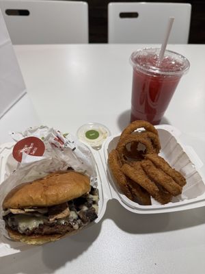 Swiss mushroom burger, onion rings and pomegranate green tea   at Daily Veg in Wilmington