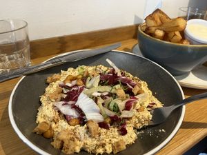 Hummus bowl, with crispy chickpeas and proper chips  at Urban Angel in Edinburgh