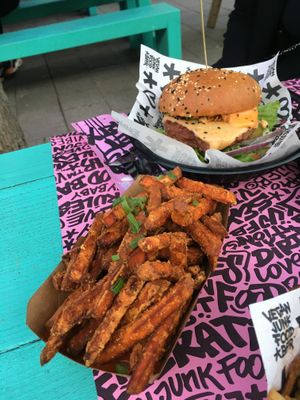 Burger and sweet potato fries at Vegan Junk Food Bar  - Rotterdam in Rotterdam
