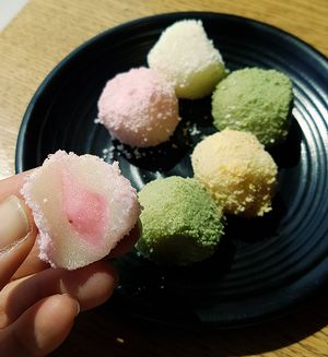 Rice cakes (tteok 떡) coated with spongecake crumbs and various fillings, e.g. bean paste, strawberry cream, ricotta cheese at HanCook - 한쿡 in Seoul
