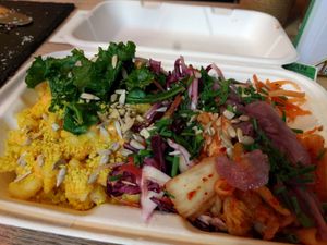 Mac & cheese with Jackfruit salad and kimchi at The Greenery in Cardiff