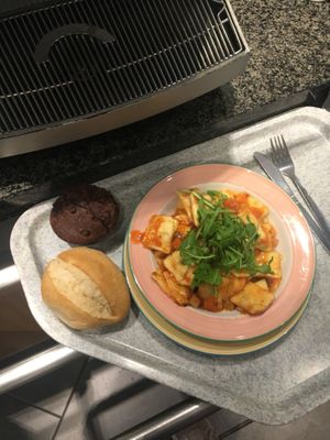 vegan tortellini with vegan chocolate muffin  at Mensa Veggie 2.0 - Die tiefgrüne Mensa in Berlin