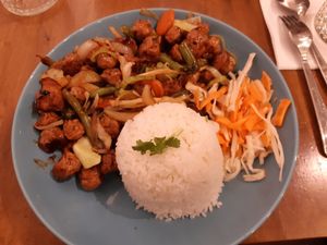Rice with soy strips and pickled vegetables at Saigon House in Helsinki