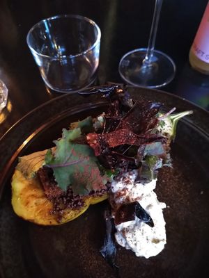 Eggplant with tahin and chipotle oil at Klaar Gemaakt in Rotterdam