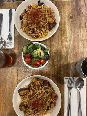 Two eggplant spaghettis and a side salad  at YEARS 素年 in Kowloon