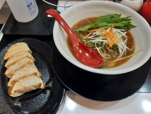 Veggie miso ramen and veggie gyoza at Ramen Kazu in Kyoto
