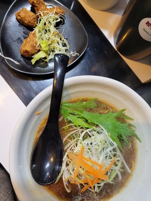 Miso ramen and fried soy meat at Ramen Kazu in Kyoto