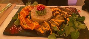 Quinoa with baked pumpkin and eggplant and home made vegan souce at Sanissimo - Gran Via in Madrid