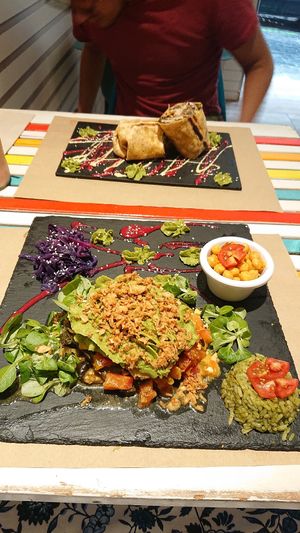 Eggplant lesagna & vegan chicken wrap at Sanissimo - Gran Via in Madrid